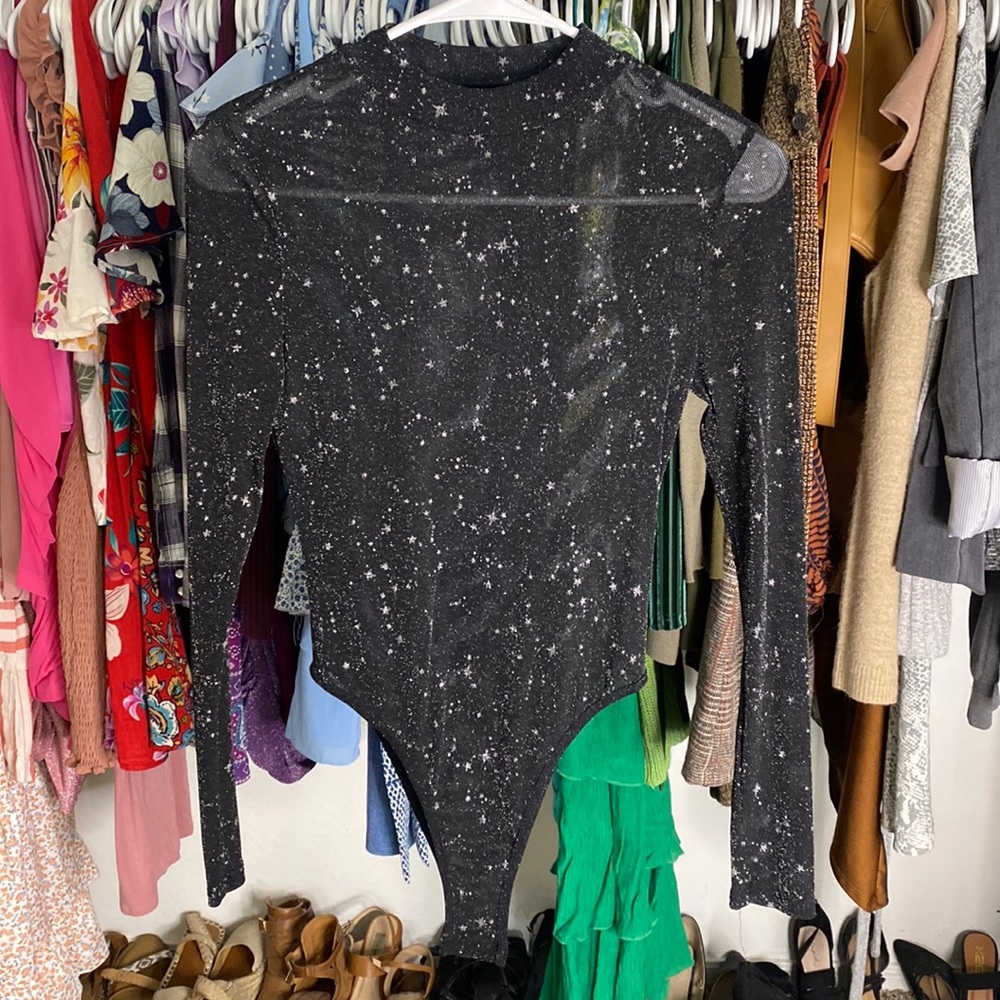 Black Sheer Mesh Long Sleeve Glitter Constellation Bodysuit | Size : S